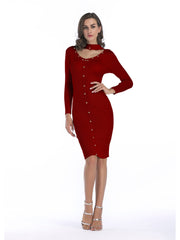 Sweater mid-length knitted dress with willow nails and slim scarf and pencil skirt