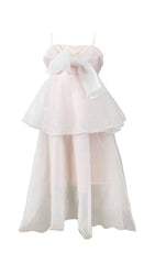 Suspender Bow Strapless Seersucker Dress in White