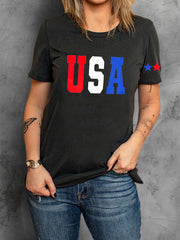 Black patriotic American Flag Letter Print O-Neck Short Sleeve Graphic T-Shirt