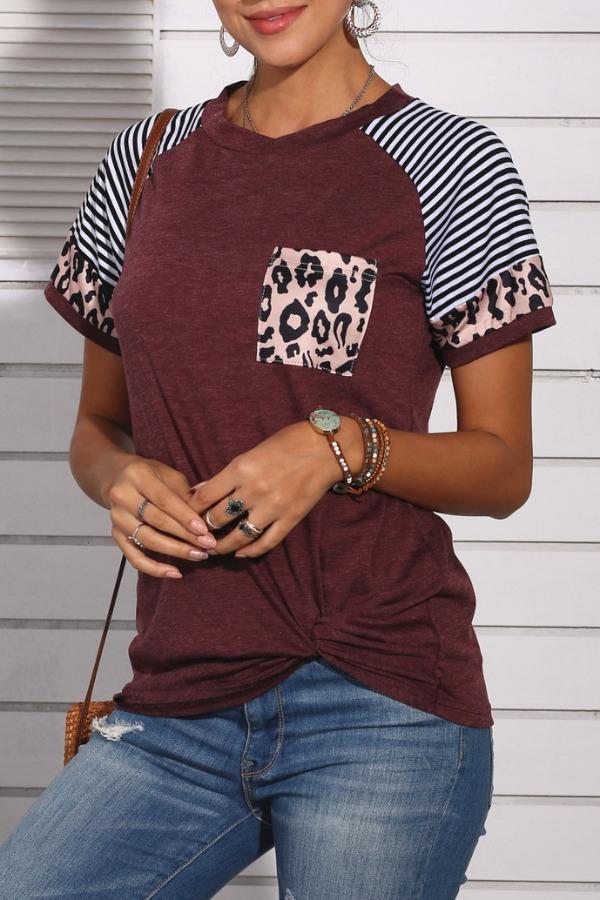 Patchwork Leopard Striped Wine Red T-shirt