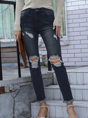 Ripped Fringed Straight-leg Jeans