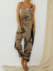 Art Illustration Vintage Print Straps Jumpsuit With Pocket