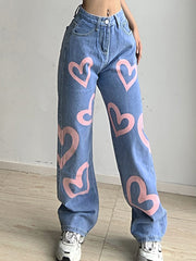 Heart Graffiti Print Straight  Jeans