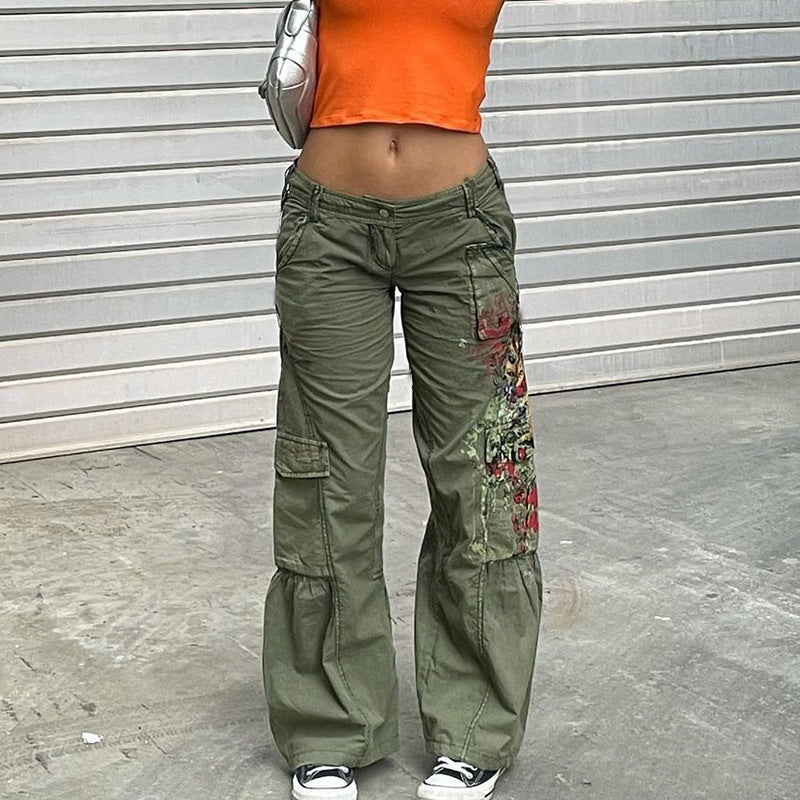 Printed Loose Casual Straight Low Rise Cargo Trousers