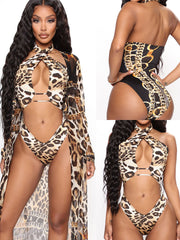 Leopard Print One Piece Long Sleeve Swimsuit