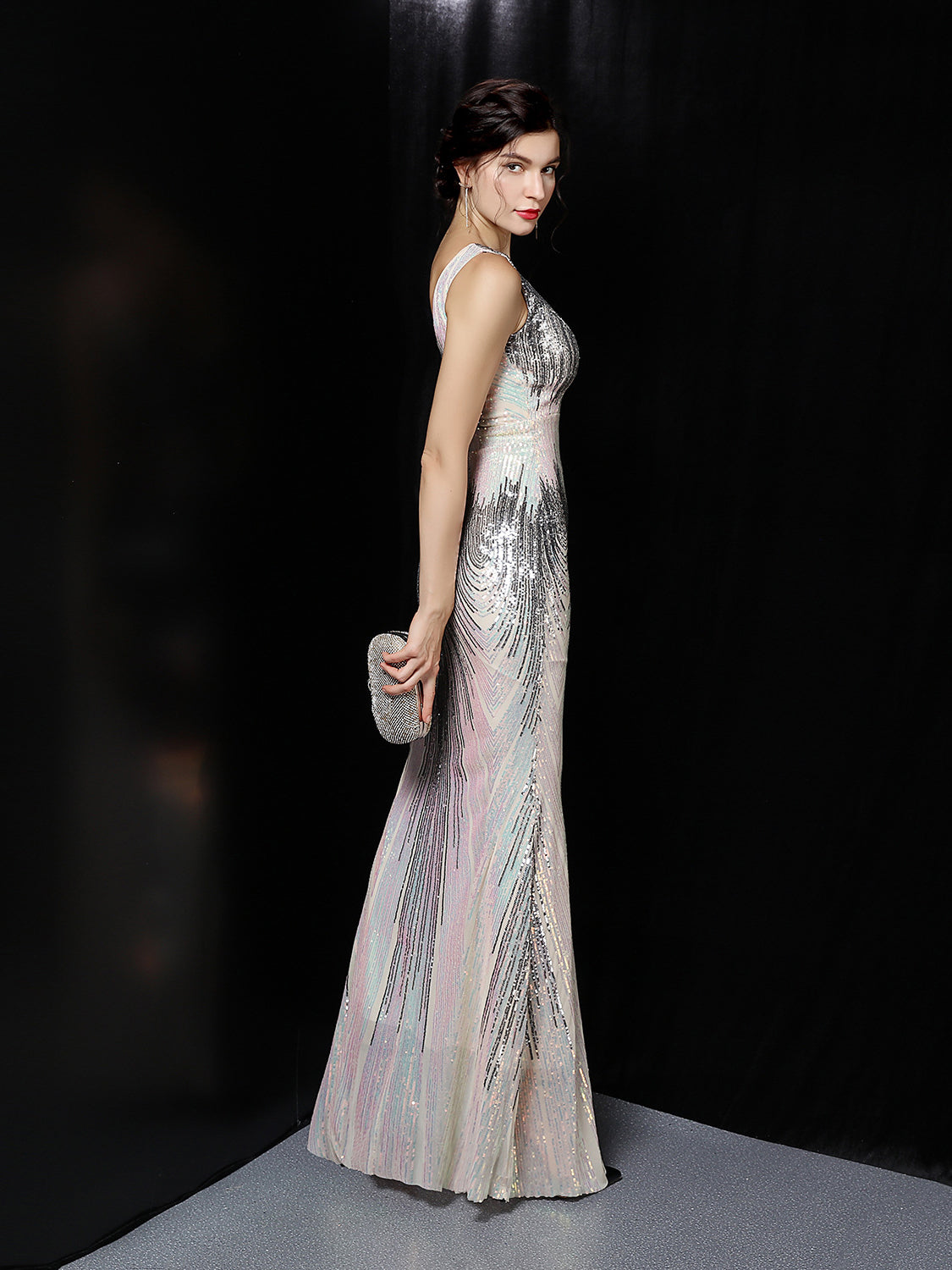 long  illusion Sequin party evening dress