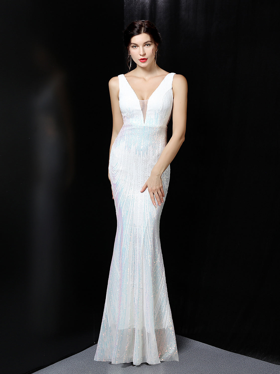 long  illusion Sequin party evening dress