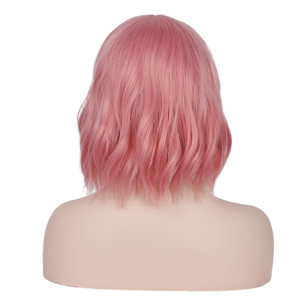 Women's  pink water ripple short curly hair wigs