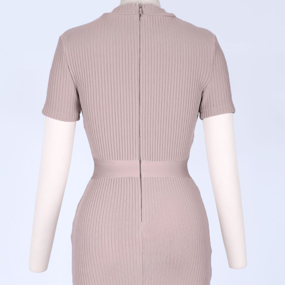 Round Neck Short Sleeve Striped Over Knee Bandage Dress PF19206