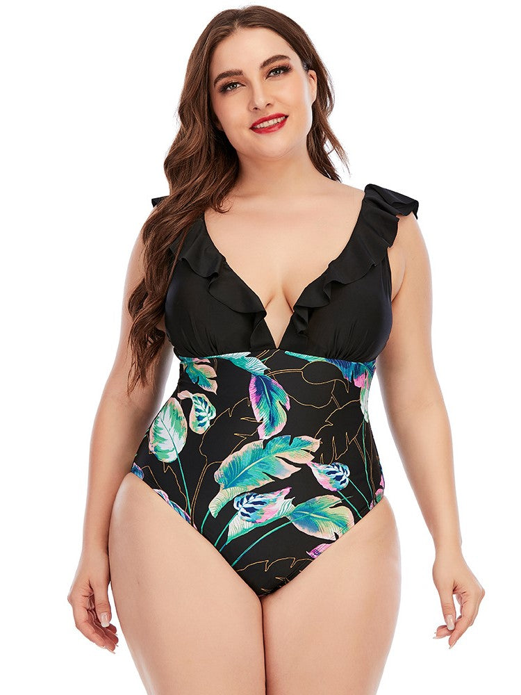 Plus Bodysuit Printed Colorblock Ruffle Swimsuit