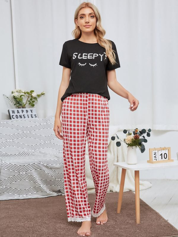 Letter Printing Top & Square Pants Suit
