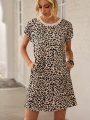 Leopard Print Pocket Crew Neck Skirt