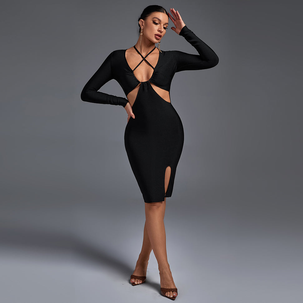 Halter Long Sleeve Hollow out Midi Bandage Dress