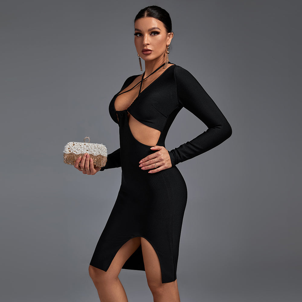 Halter Long Sleeve Hollow out Midi Bandage Dress