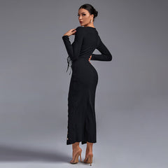 Round Neck Long Sleeve Lace Up Over Knee Bodycon Dress FSP19270