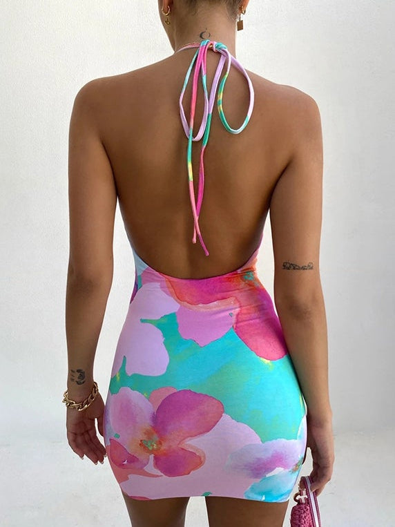 Dyed printed halterneck backless slim dress