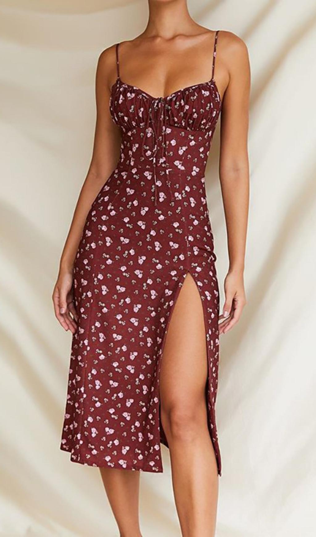 Wine Floral Bustier Midi Dress