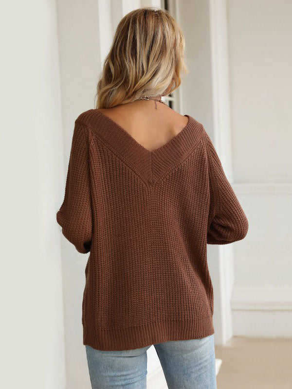 Einfarbiger Strickpullover mit V-Ausschnitt 