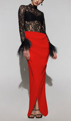 SplIced Lace Feather Slit Dress in Black And Red