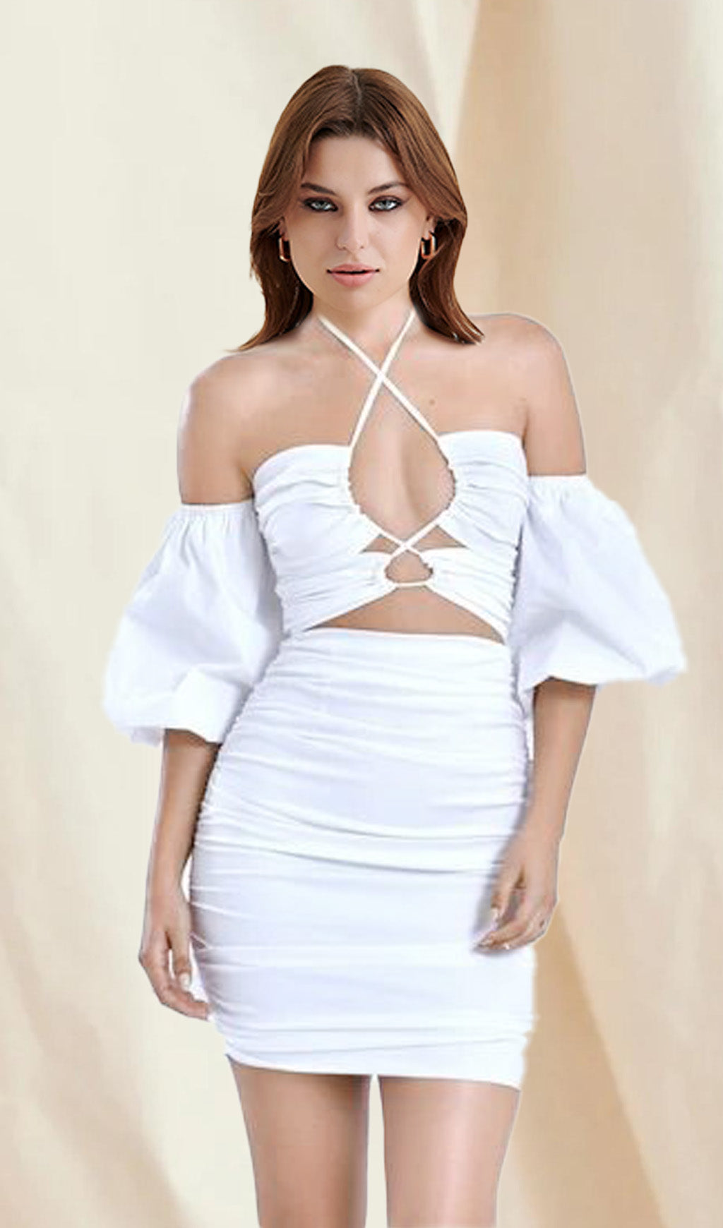 White Bubble Sleeve Mini Dress