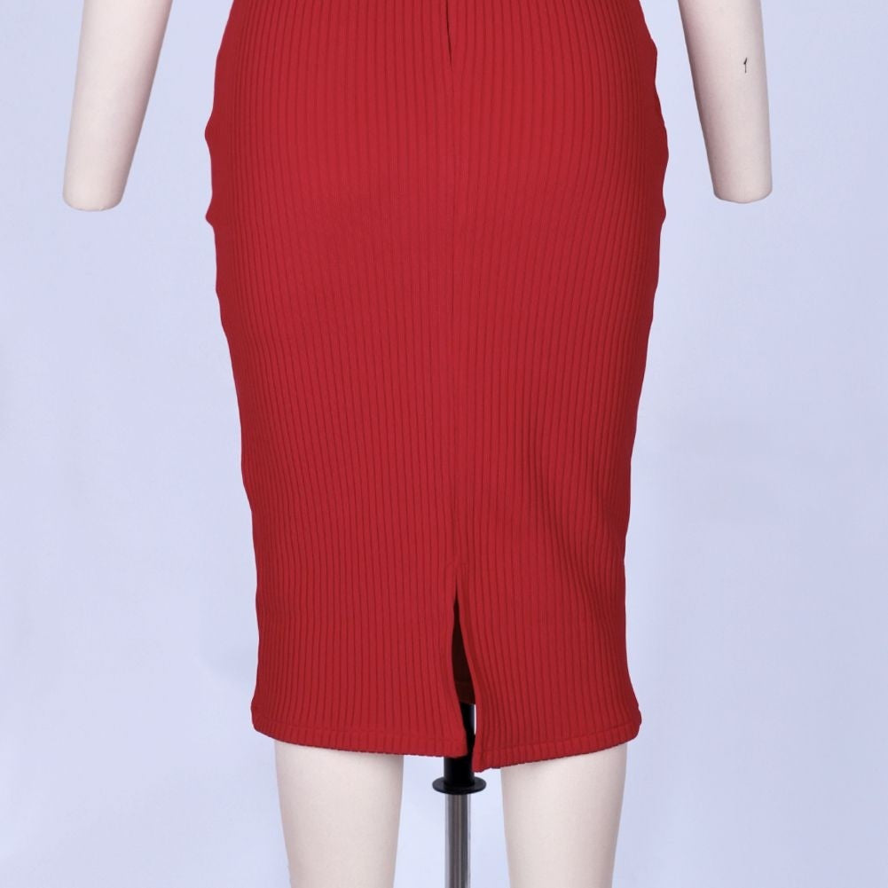 Round Neck Short Sleeve Striped Over Knee Bandage Dress PF19206