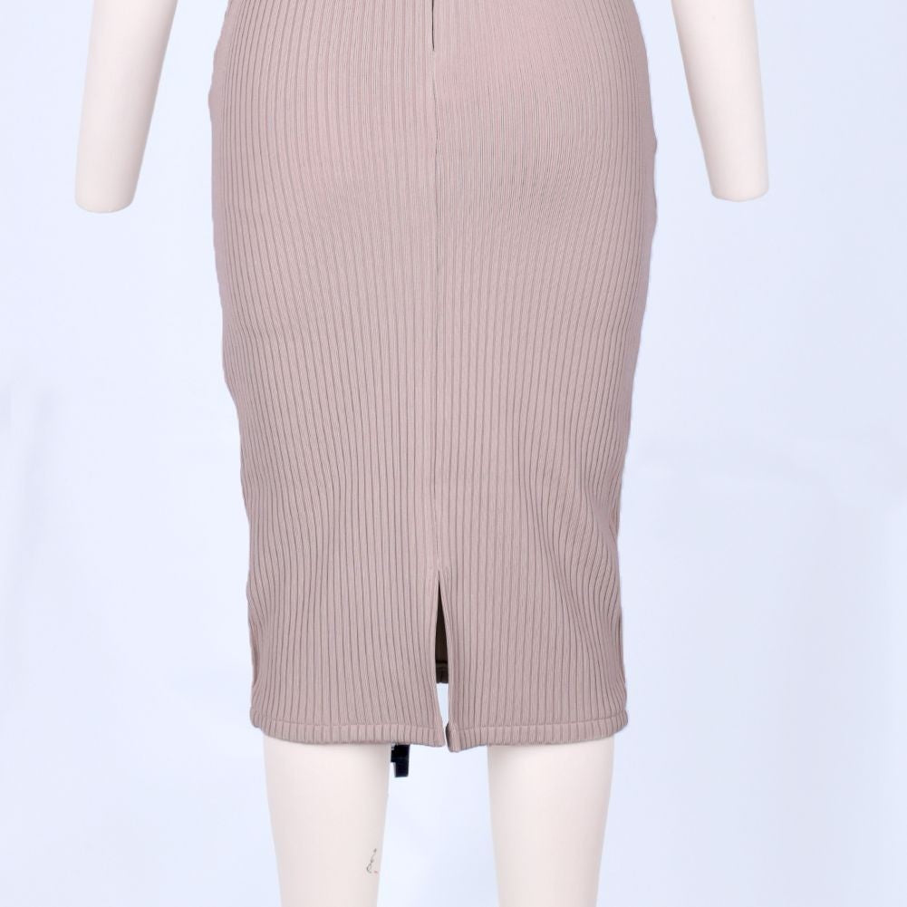 Round Neck Short Sleeve Striped Over Knee Bandage Dress PF19206