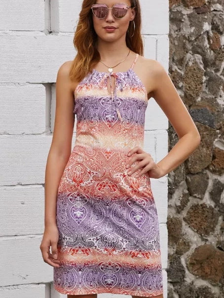 Stylish Bohemian All Over Print Keyhole Front Dress