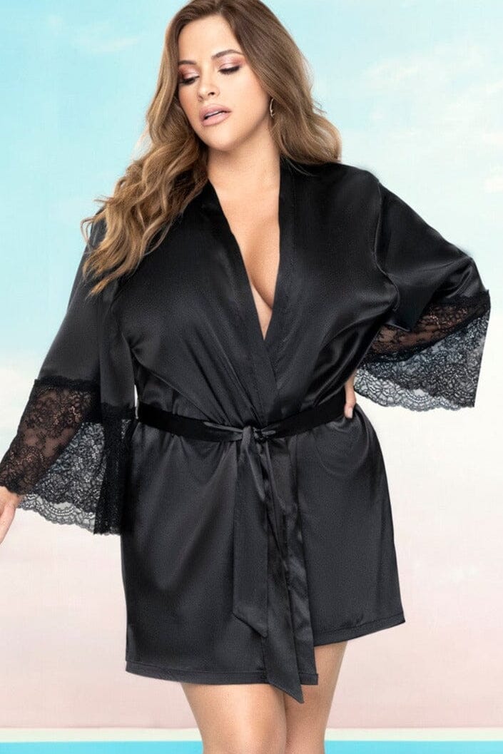 3/4 Sleeves Satin Robe With Lace Edging