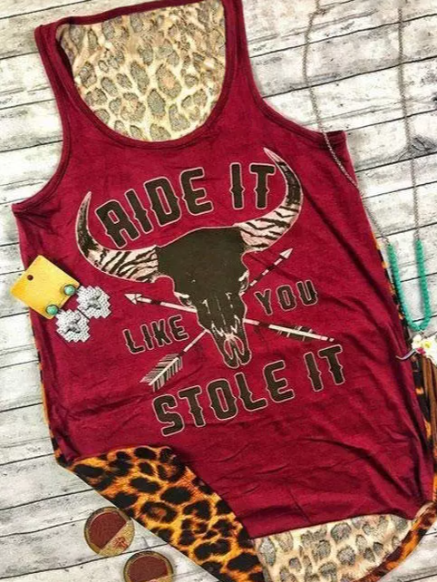 Ride It Like You Stole It Leopard Steer Skull Arrow Tank