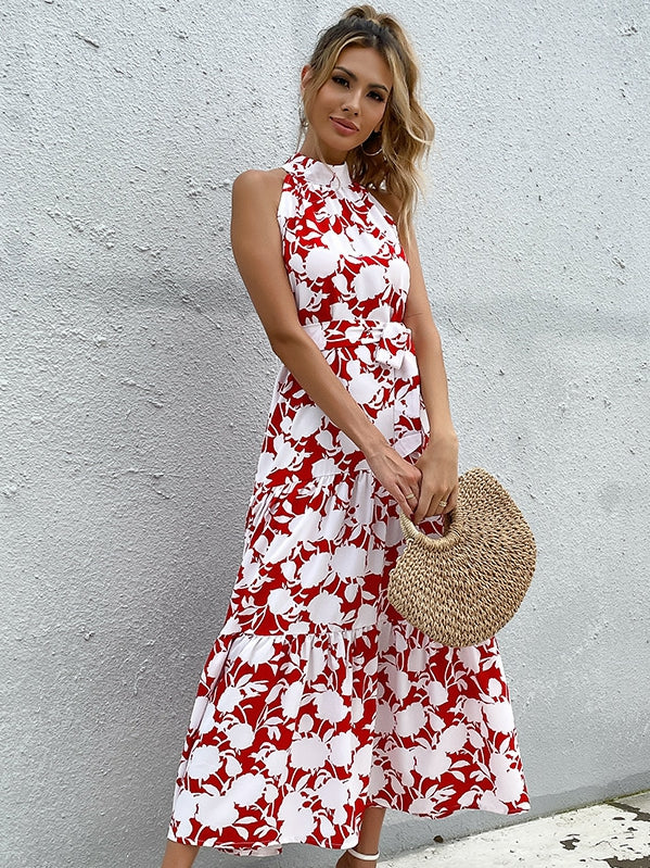 Summer neck style sleeveless printed sexy dress