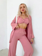 Women's Long-sleeved Three-piece Nightgown Bow Home Service