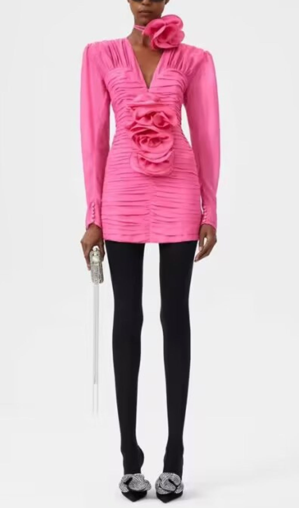 Rosa gerüschtes Minikleid mit V-Ausschnitt