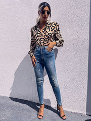 Leopard Print Lace-up Lapel Shirt