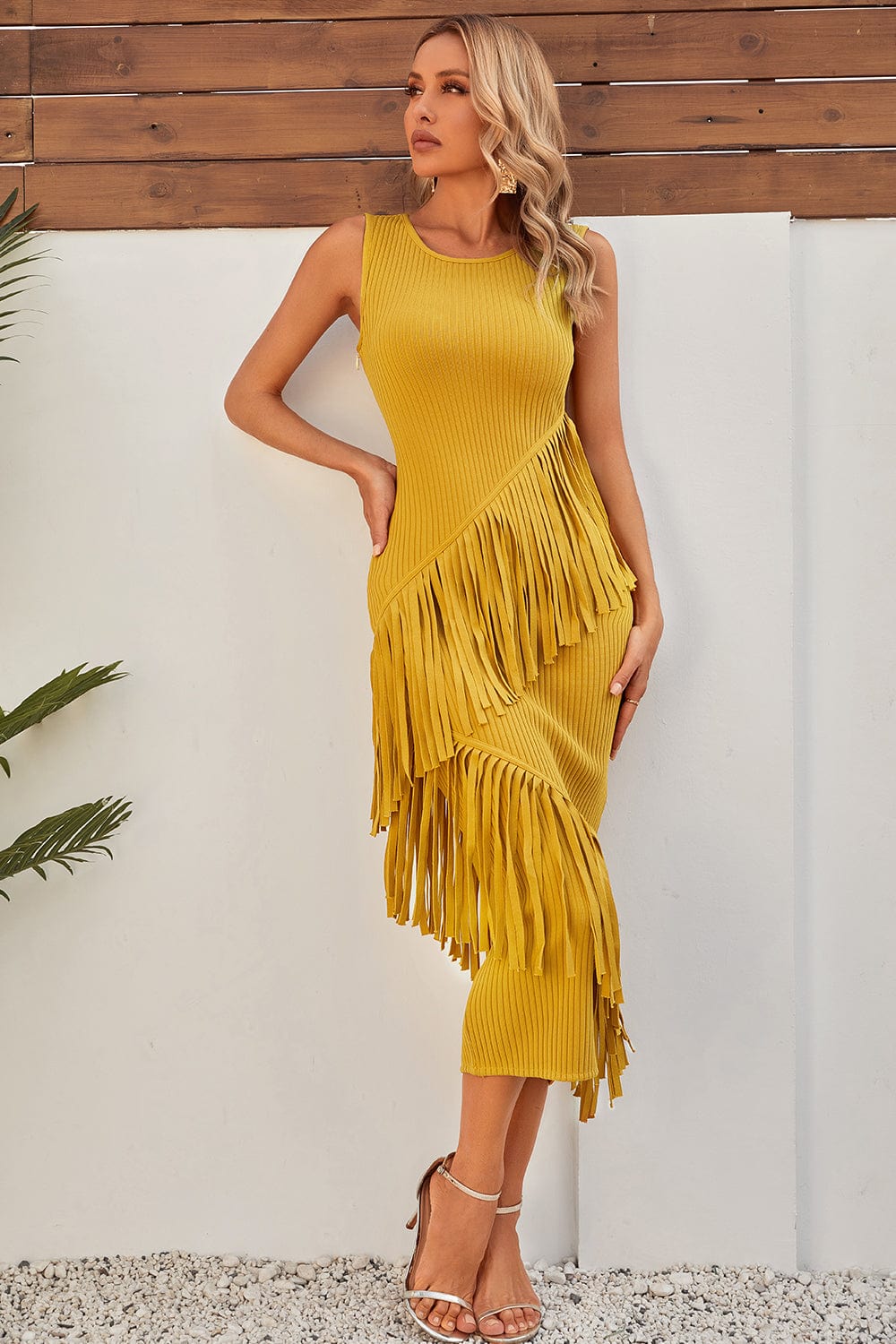 Marie Yellow Fringe Midi Bandage Dress