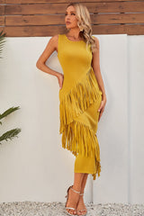 Marie Yellow Fringe Midi Bandage Dress