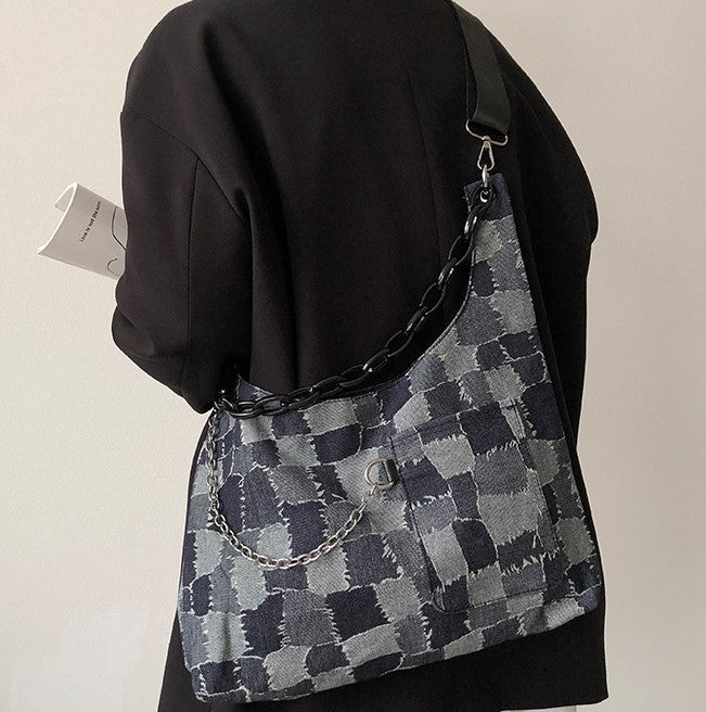 Bolso tote de tela vaquera a cuadros 