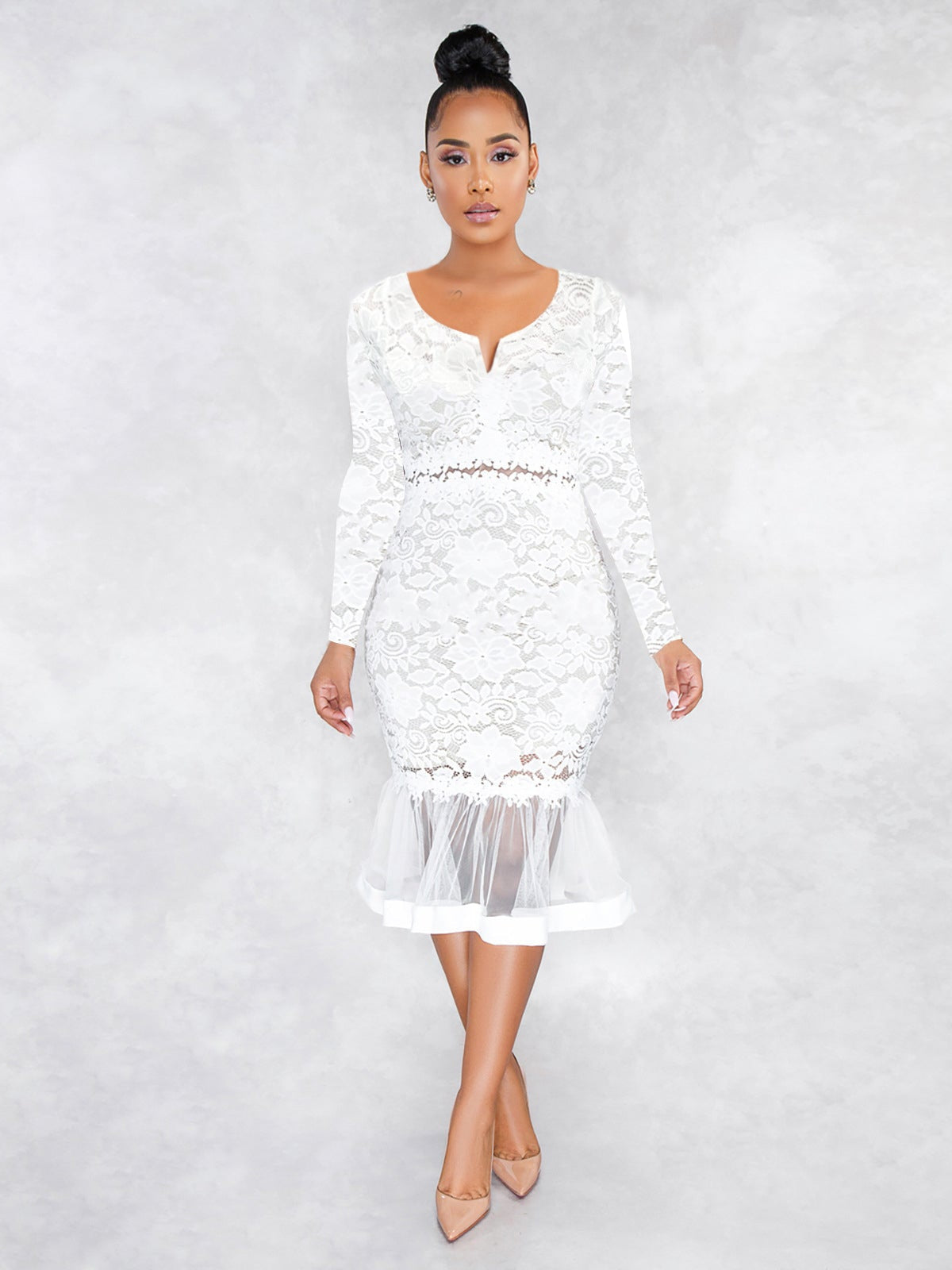 V-neck long sleeve lace fishtail hem dress