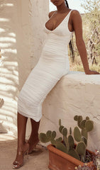 White Mesh Ruched Midi Dress