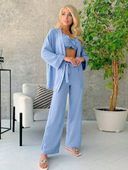 Women's Long-sleeved Three-piece Nightgown Bow Home Service