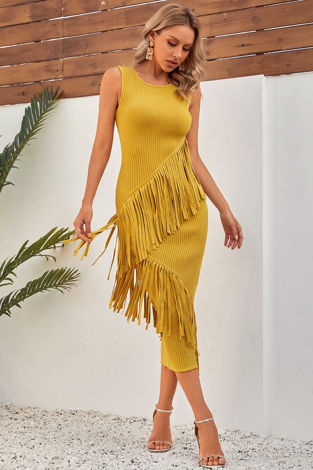 Marie Yellow Fringe Midi Bandage Dress