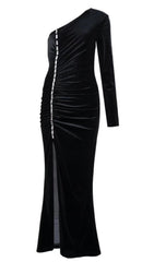 Velvet Diamond – Maxikleid mit One-Shoulder-Träger und Schlitz in Schwarz