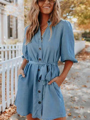 Black Buttoned Tie Waist Denim Shirt Mini Dress