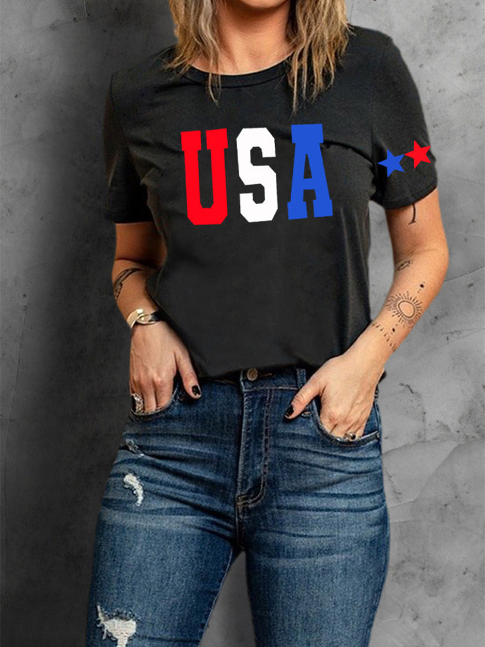 Black patriotic American Flag Letter Print O-Neck Short Sleeve Graphic T-Shirt
