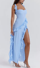 SOFT Blue Ruffle Maxi Dress