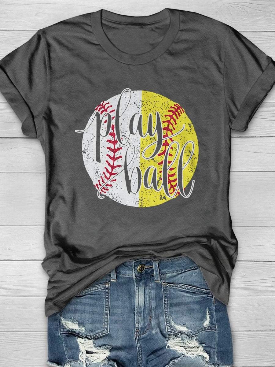 Play Ball Baseball Softball Print Kurzarm-T-Shirt