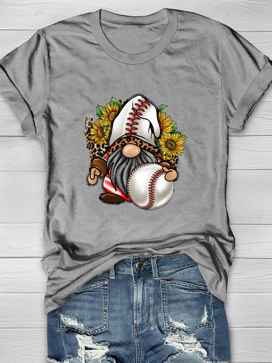 Western Baseball Gnome Print Short Sleeve T-Shirt