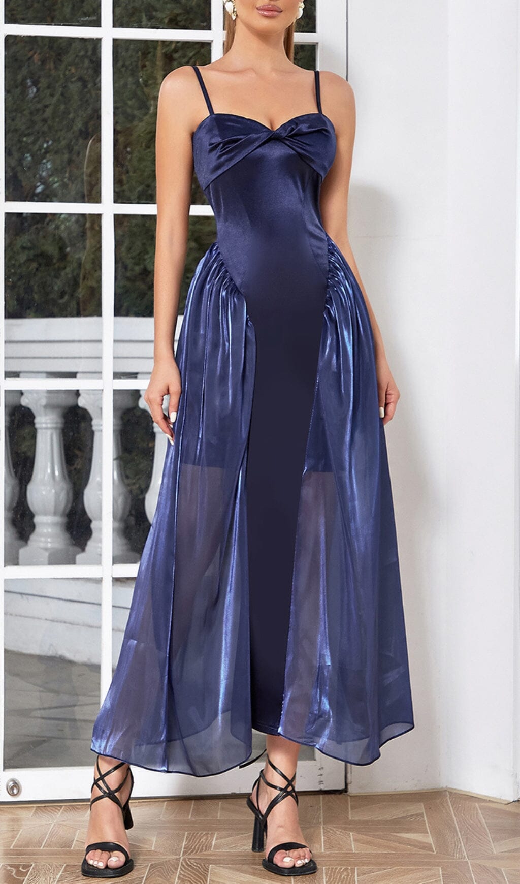 Waist-Tightening Mesh Maxi Dress in Royal Blue