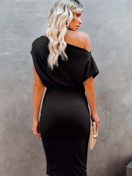 Black Boat Neck  Midi Dress