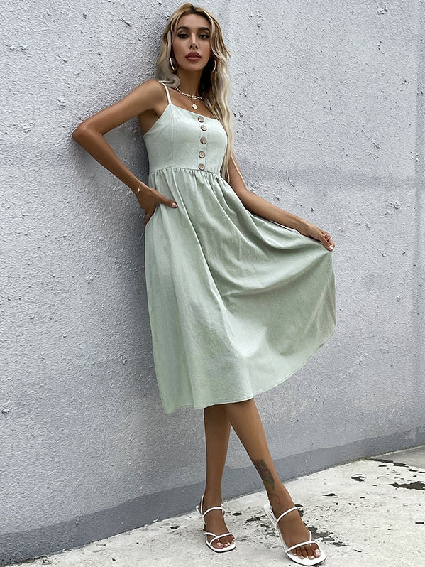 Slim solid cotton linen dress
