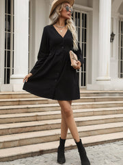 Black V-Neck Long Sleeve Shirt Dress